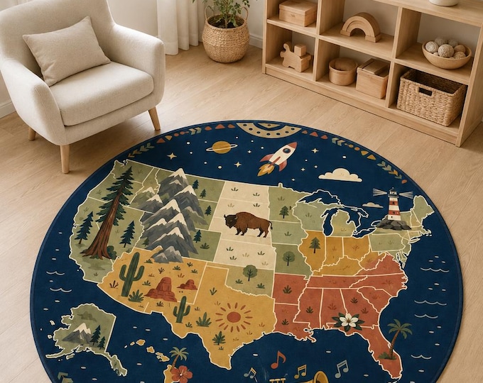 Round USA Map Rug: 3D Digital Print, Non-Slip Microfiber, Custom Size Available
