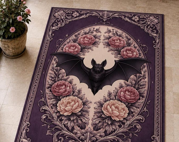 Gothic Bat Rug, Purple Floral Carpet, Victorian Rose Decor, Rectangular Digital Print, Dark Academia