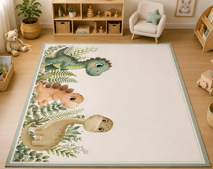 Dinosaur Nursery Rug, Botanical Leaves, Soft Microfiber Playroom Mat