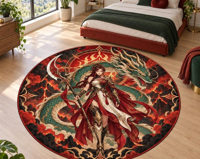 Dragon Guardian Rug, Washable Round Rug, Red Decor for Teen Bedroom and Game Room
