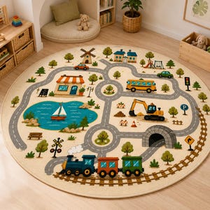 May include: A round area rug featuring a colorful play mat design with a winding gray road, a blue lake with a sailboat, a yellow school bus, a construction excavator, a train on tracks, a tunnel, a windmill, and various green trees.