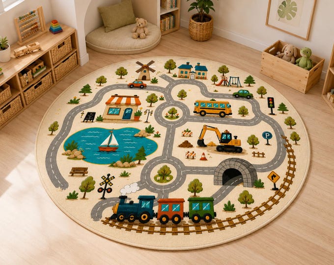 Road Map Rug, Round Kids Carpet, City Traffic Playroom Decor, Washable Nursery Floor Mat