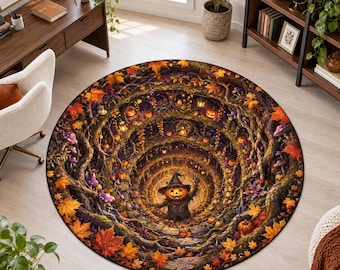 Pumpkin Forest Rug, Round Digitally Printed Carpet, Autumn Root Tunnel with Mushrooms and Lanterns