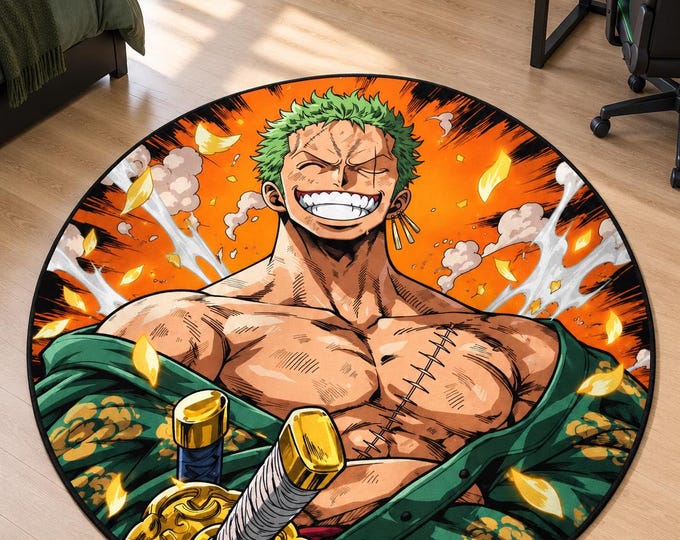 Anime Round Rug, Smiling Green Swordsman, Washable Gaming Room Carpet (Digital Print)