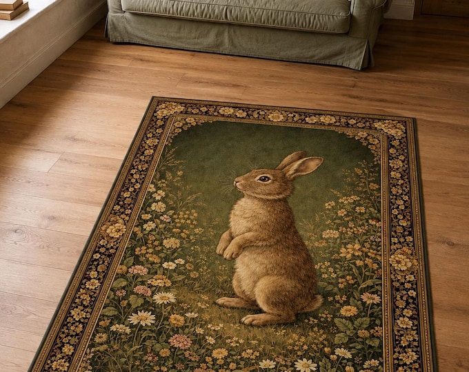 Vintage Bunny Floral Rug, Cottagecore Rabbit Carpet, Woodland Nursery Digital Print Farmhouse Home Decor