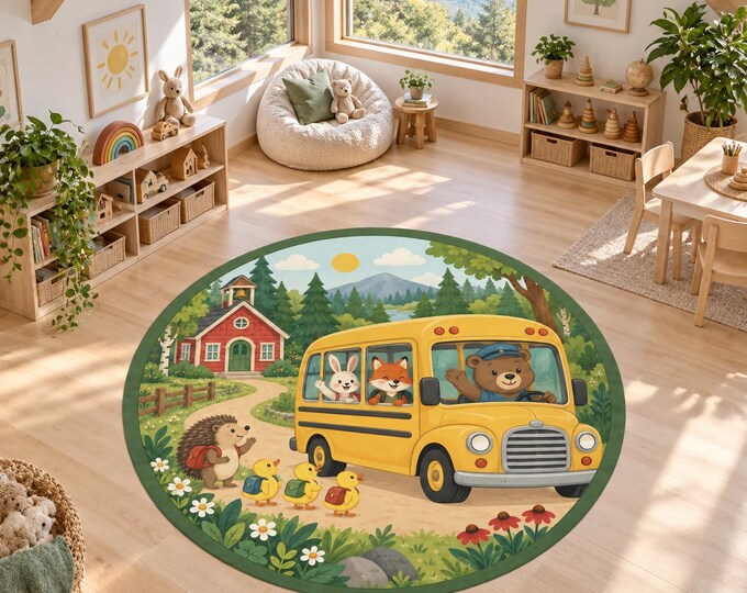 School Bus Rug, Round Kids Classroom Carpet, Washable Playroom Decor