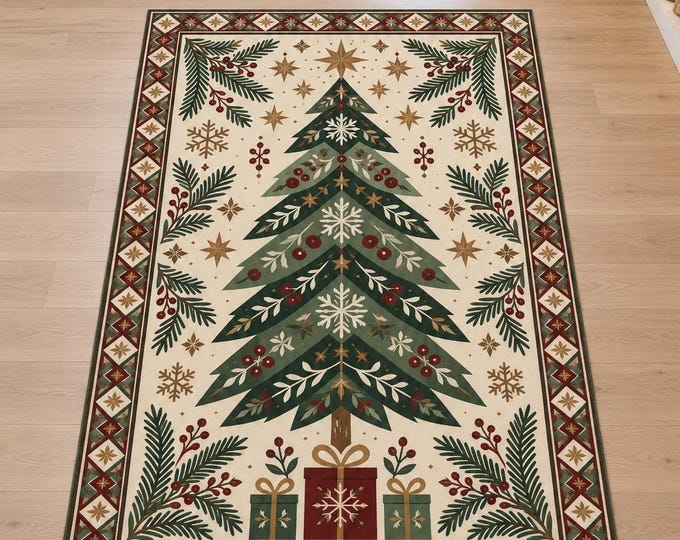Scandinavian Christmas Tree Rug with Gold Star Details, Digitally Printed Festive Living Room Decor