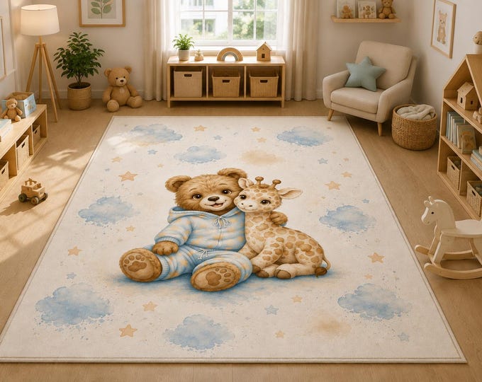Bear and Giraffe Nursery Rug – Soft Microfiber Cloud Star Play Mat
