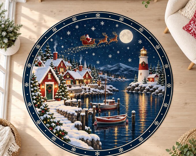 Lighthouse Rug, Round Navy Blue Digital Print with Snowy Harbor for Festive Living Rooms