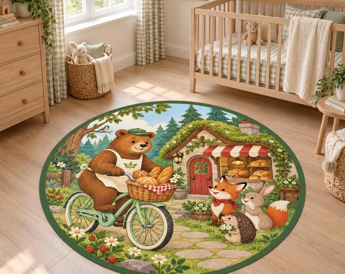 Baker Bear Rug, Round Bakery Nursery Carpet, Washable Kids Room Decor