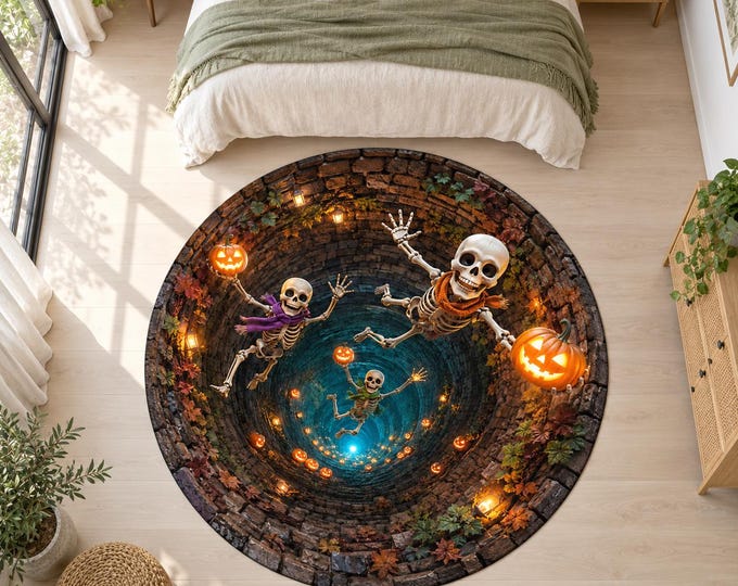 Autumn Skeleton Rug, Round Digitally Printed Carpet, Falling Figures with Scarves and Pumpkins