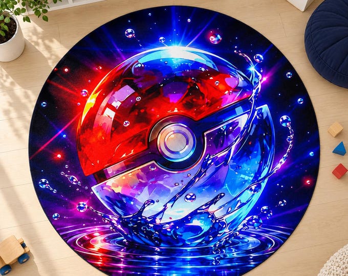 Round Gaming Rug, Neon Anime Ball Design, Digitally Printed Carpet, Gamer Gift, Bedroom Decor