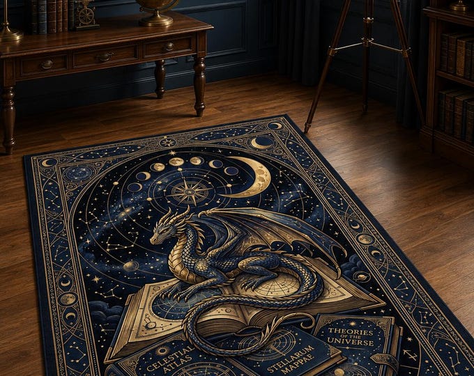 Celestial Dragon Rug, Moon Phase Fantasy Carpet, Astrology Library Digital Print Dark Academia Decor
