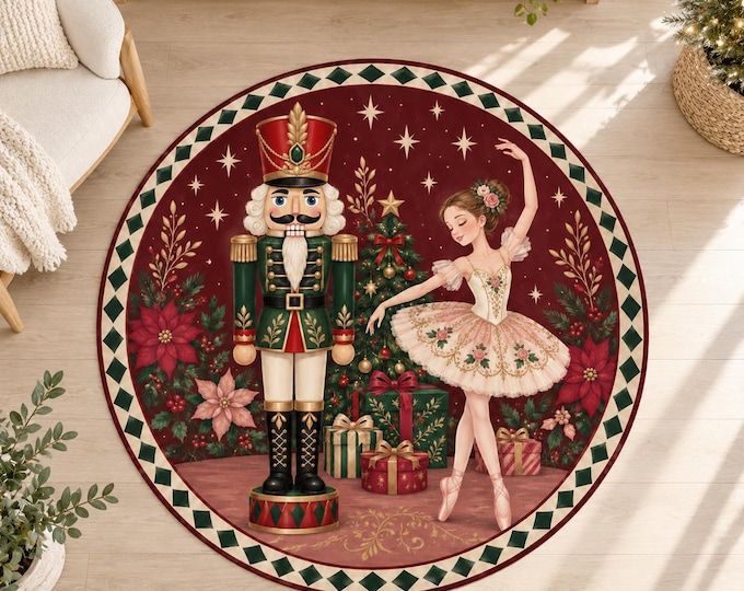Nutcracker Rug, Round Burgundy Red Digital Print with Ballet Dancer for Festive Living Rooms