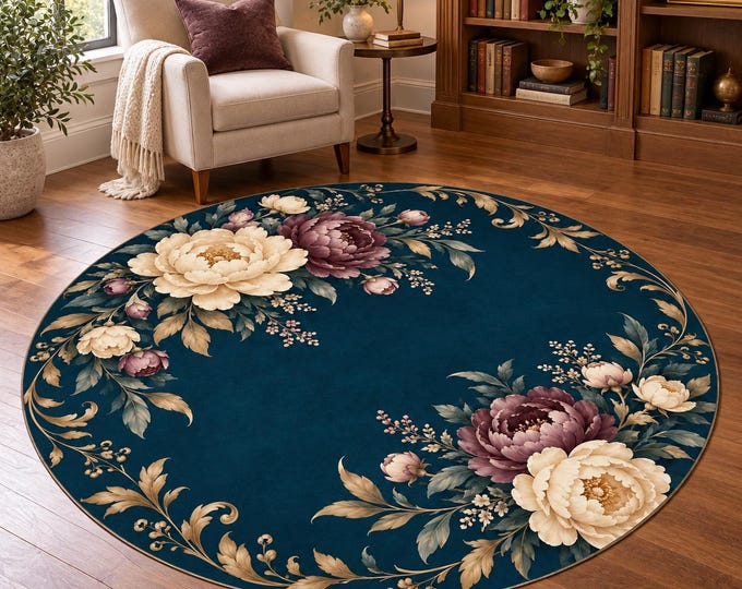 Round Floral Rug, Navy Blue Carpet, Vintage Peony Design, Elegant Living Room, Botanical Decor