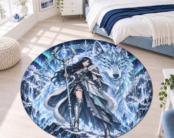 Ice Wolf Fantasy Guardian Rug, Washable Round, Teen Bedroom Decor