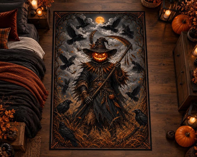 Dark Scarecrow Rug, Raven Moon Night, Grim Reaper Pumpkin, Gothic Halloween Home Decor Area