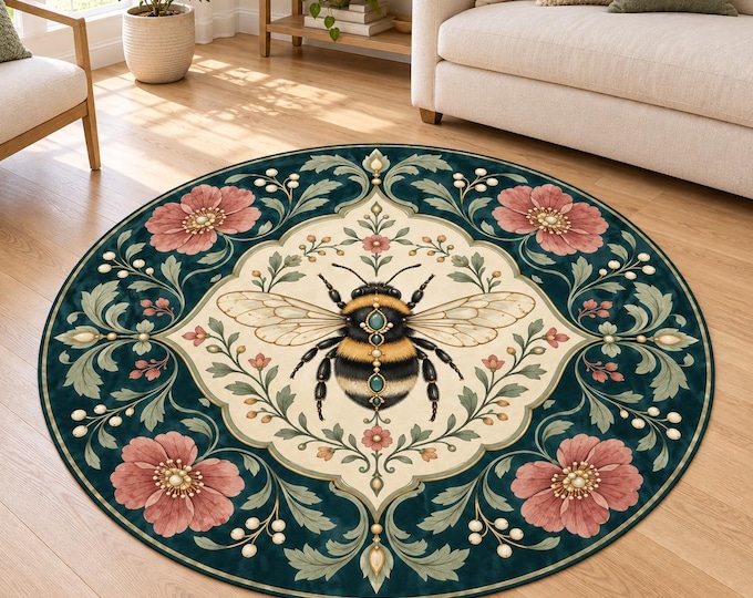 Teal Bee Floral Medallion Round Rug, Digital Print, Living Room Decor, Decorative Floor Accent