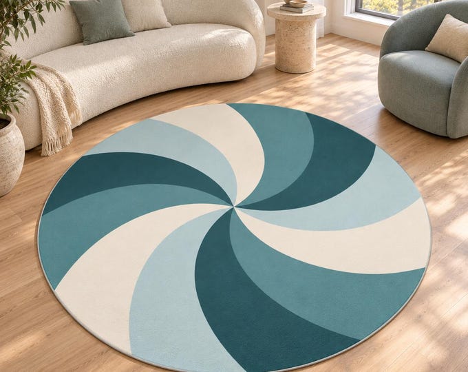 Round Geometric Rug, Blue Swirl Carpet, Abstract Home Decor, Modern Living Room, Retro Pinwheel