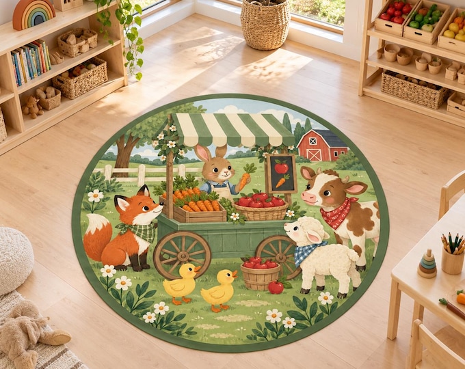 Farm Market Rug, Round Country Nursery Carpet, Washable Kids Decor