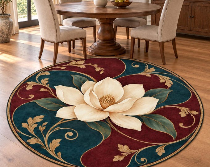 White Magnolia Burgundy Teal Round Rug, Digital Print, Living Room Decor, Decorative Floor Accent