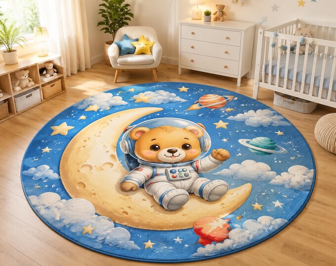 Astronaut Bear Space Nursery Rug, Round Moon Rocket Kids Playroom Carpet