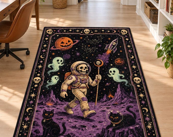 Halloween Astronaut Rug, Skeleton Space Decor, Purple Galaxy Carpet, Spooky Bedroom Floor Art