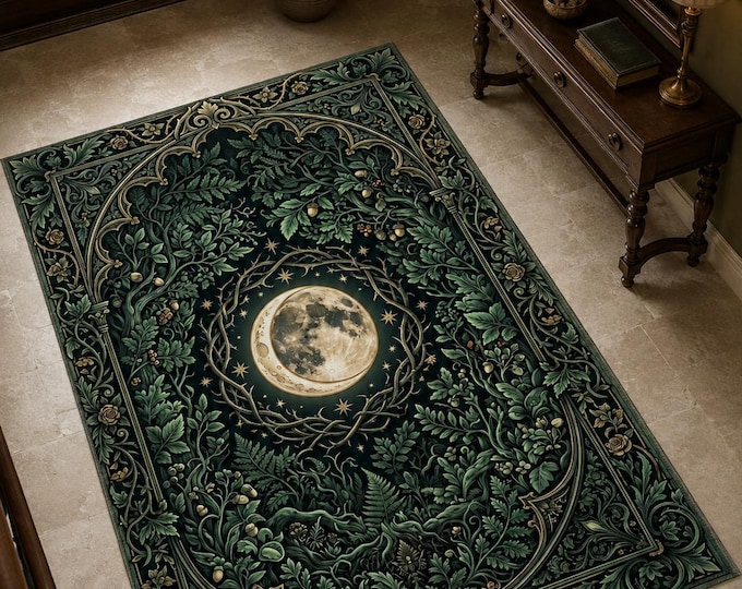 Moon Garden Rug | Dark Botanical Forest Floor Mat, Celestial Emerald Carpet