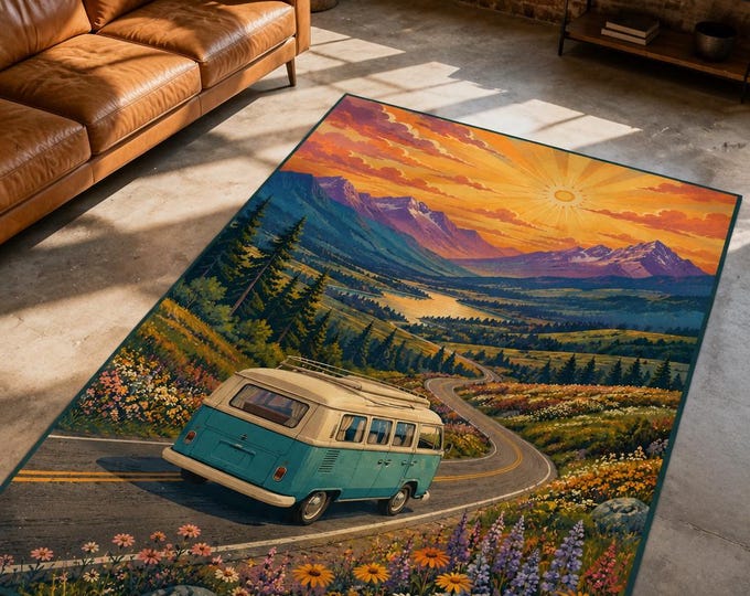 Camper Van Rug, Mountain Sunset Landscape, Retro Travel Area Rug