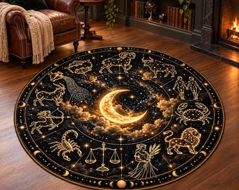 Golden Crescent Zodiac Constellations Round Rug, Digital Print, Living Room Decor, Decorative Floor Accent