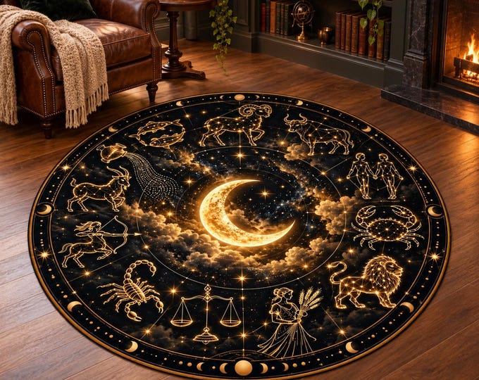 Golden Crescent Zodiac Constellations Round Rug, Digital Print, Living Room Decor, Decorative Floor Accent