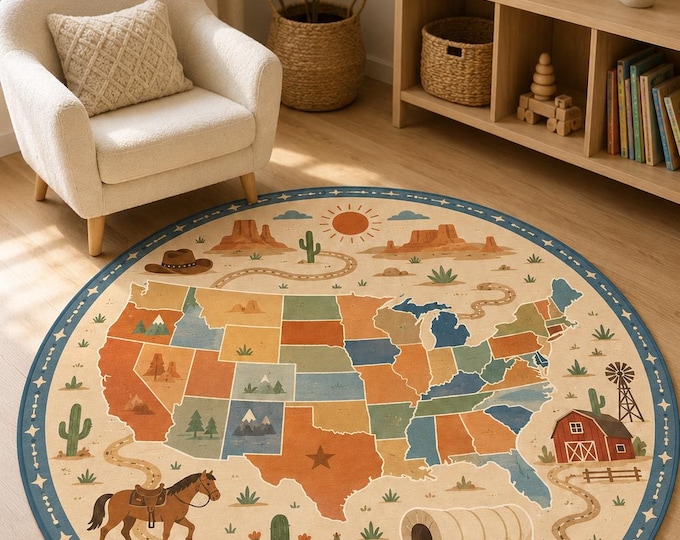 Round US Map Rug: Western Cowboy Play Mat, 3D Digital Print, Microfiber Polyester