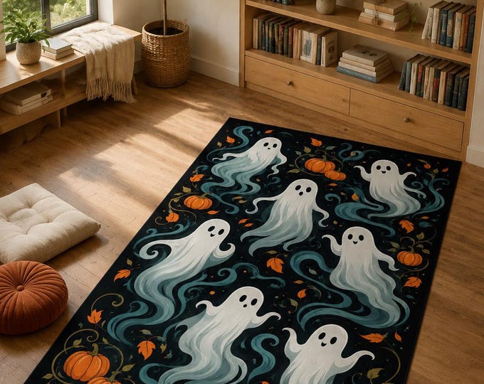 Cute Ghost Rug, Halloween Pattern, Orange Pumpkin Decor, Nursery Kids Bedroom, Playroom Floor Art