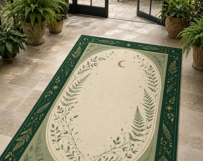 Botanical Arch Rug: Fern, Moon, Star Forest Floor Accent Carpet (Emerald Moon)
