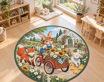 Floral Bicycle Rug, Round Cottage Nursery Carpet, Washable Girls Room Decor