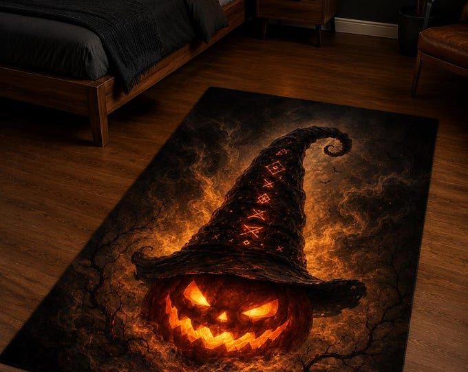Witch Pumpkin Rug, Burning Halloween, Dark Gothic Bedroom, Autumn Floor Artwork, Home Decor Accent