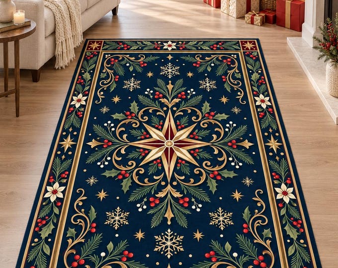 Navy Christmas Rug, Gold Star and Holly Pattern, Digitally Printed Festive Living Room Decor
