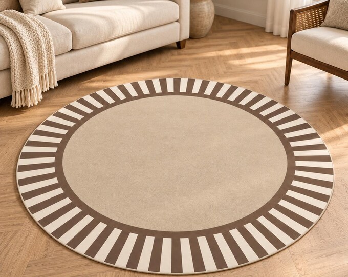 Beige Round Rug, Brown Striped Border, Digitally Printed Neutral Area Carpet for Living Room