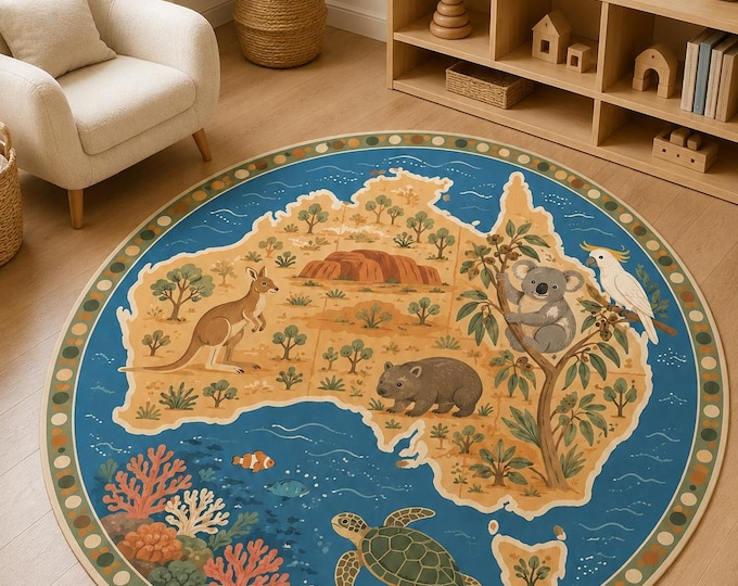 Round Australia Map Rug, Native Animals, Kids Room, Educational Play Mat, Digital Print Decor
