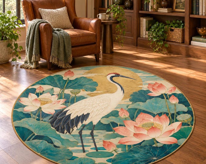 White Crane Lotus Garden Round Rug, Digital Print, Living Room Decor, Decorative Floor Accent