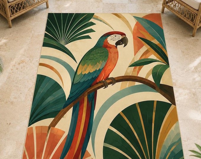 Parrot Tropical Leaves Rug, Art Deco Style, Colorful Bird Decor, Living Room Carpet