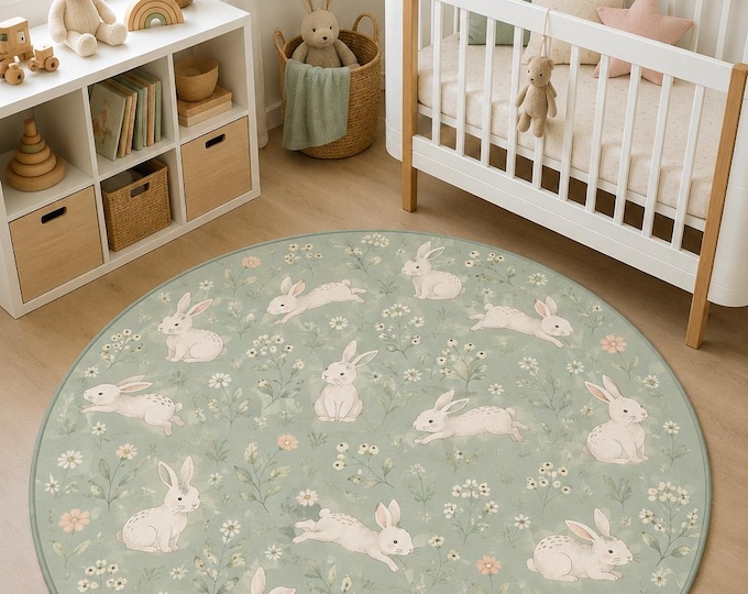Bunny Floral Round Rug, Sage Green Baby Playroom Carpet