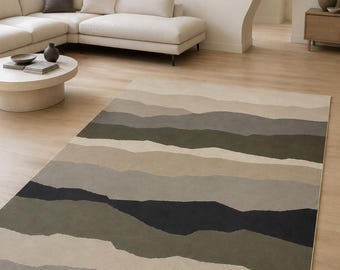 Abstract Layered Area Rug, Beige Gray Black Waves, Modern Floor Decor