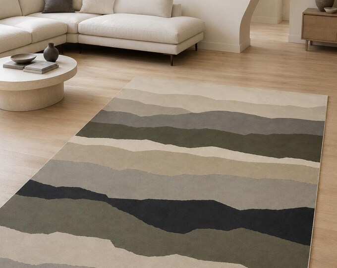 Abstract Layered Area Rug, Beige Gray Black Waves, Modern Floor Decor