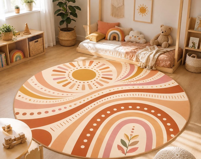 Boho Sun Rug, Round Nursery Carpet with Rainbow Arches, Terracotta Waves and Botanical Details
