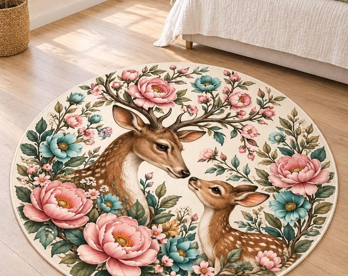 Deer Family Rug, Washable Round Area Carpet, Colorful Printed Floor Decor for Home and Bedroom
