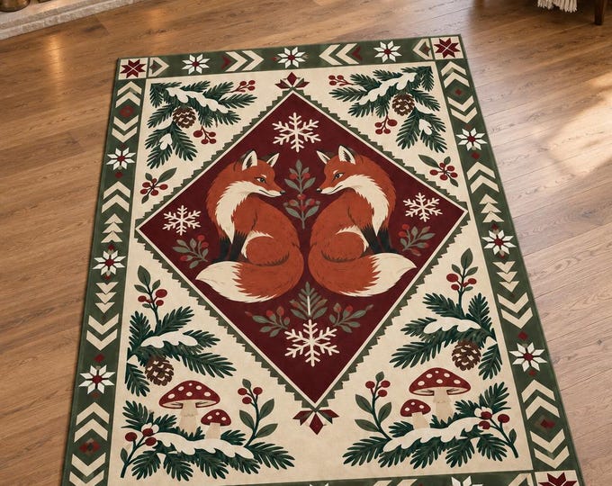 Woodland Fox Christmas Rug with Burgundy Diamond Motif, Digitally Printed Festive Living Room Decor