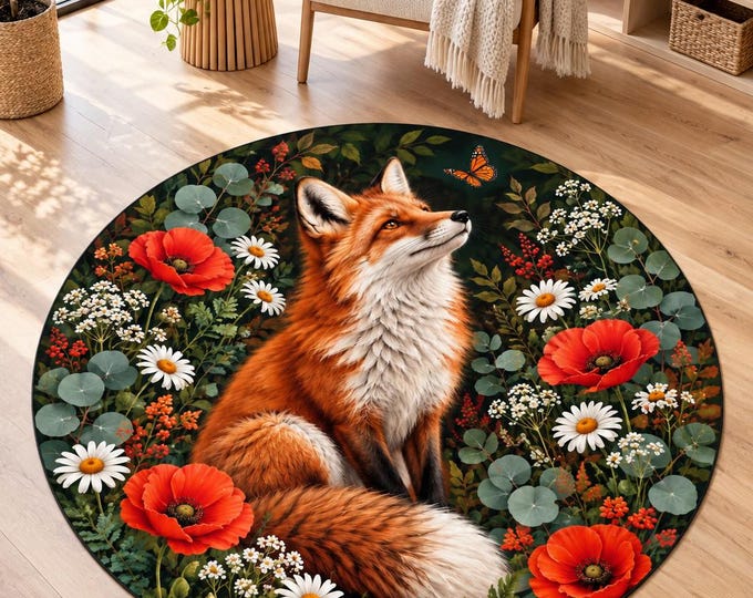 Floral Fox Rug, Washable Round Area Carpet, Colorful Printed Floor Decor for Home and Bedroom