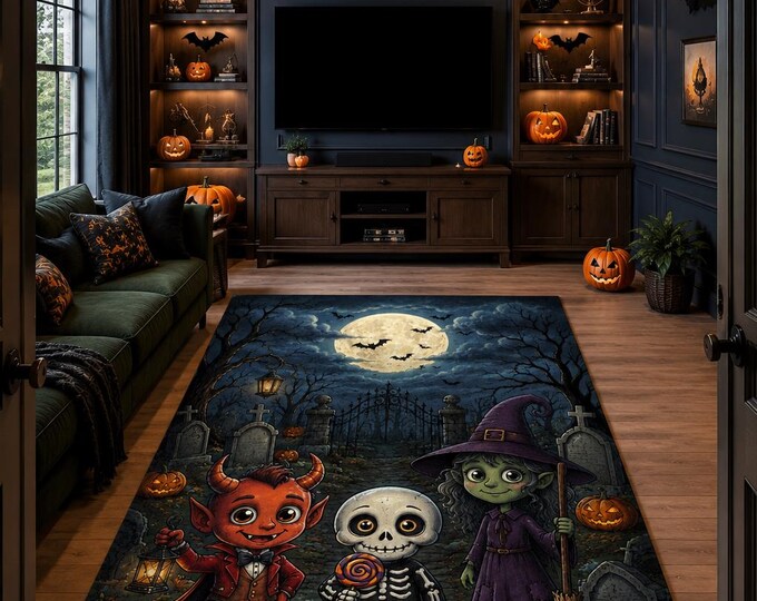 Cute Halloween Rug, Playful Devil Skeleton Witch Carpet for Kids Bedroom Playroom Seasonal Decor