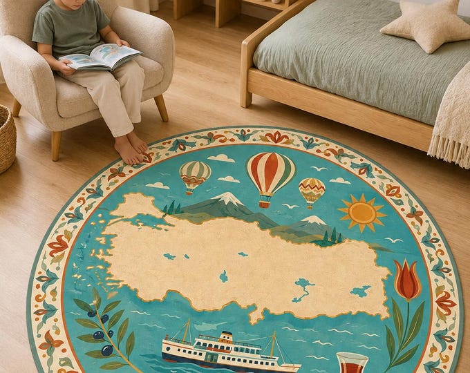 Round Turkey Map Rug: 3D Digital Print, Microfiber, Non-Slip Backing (40x60cm)